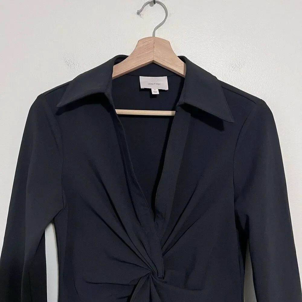 Cinq à Sept McKenna Twist Front Top Blouse Long Sleeve Collared V-Neck Black S - Picture 3 of 10